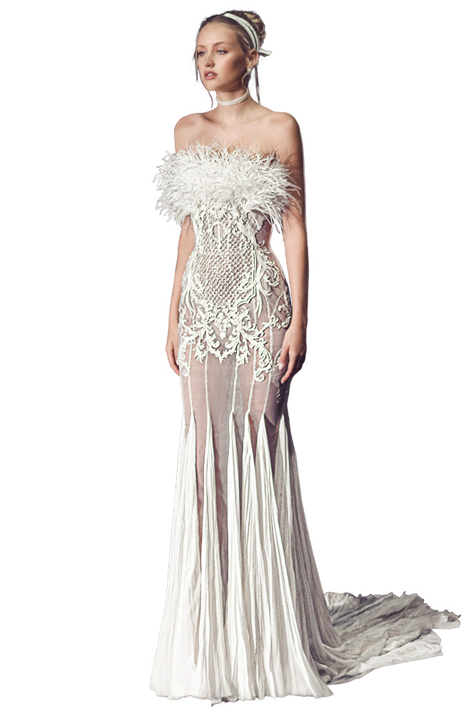 feathered wedding gown