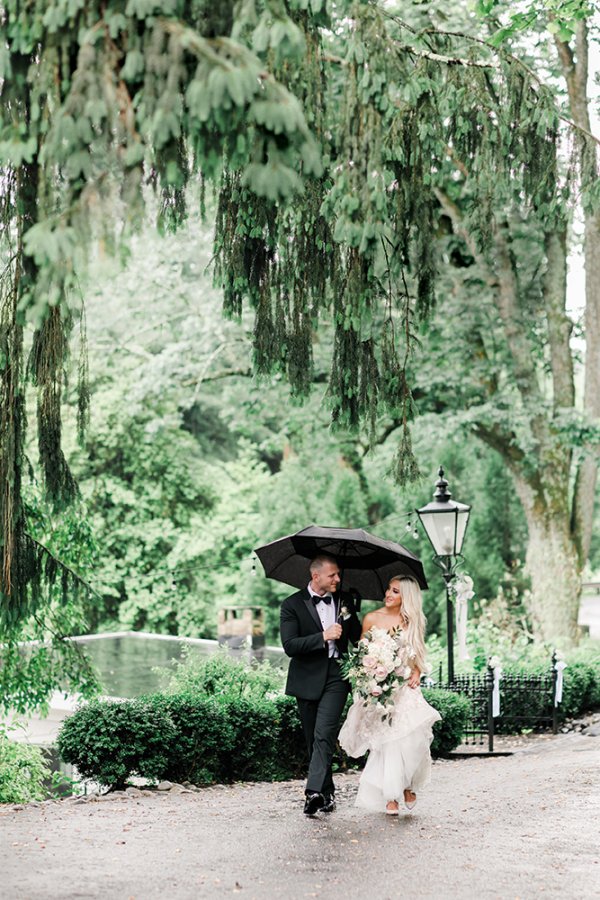 Bride and groom in garden